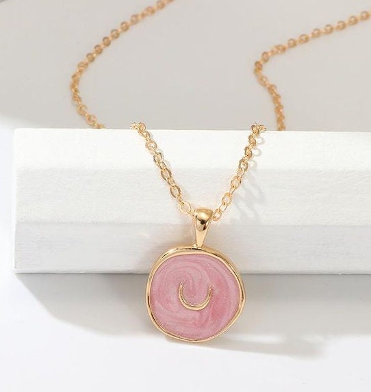 Enamel Medallion Necklace | Gold Coin Necklace | Gold Plated | Heart, Star, Moon Shape Round Pendant Gold Necklace