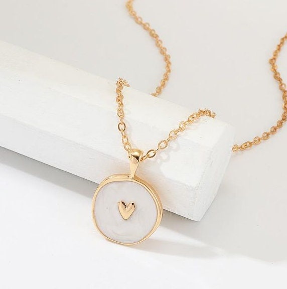 Enamel Medallion Necklace | Gold Coin Necklace | Gold Plated | Heart, Star, Moon Shape Round Pendant Gold Necklace