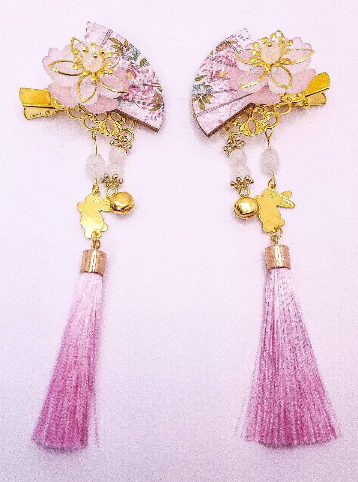 Chinese Fan Hair Clips | Pink Fans | Flower Hair Clip | Tassel Hair Clip | Gold Hair Clips | Bunny Hair Clip | Unique Hair Clips