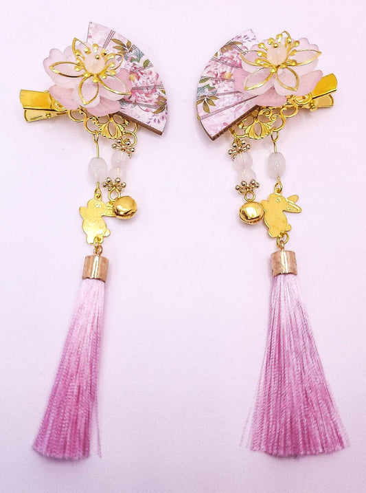 Chinese Fan Hair Clips | Pink Fans | Flower Hair Clip | Tassel Hair Clip | Gold Hair Clips | Bunny Hair Clip | Unique Hair Clips